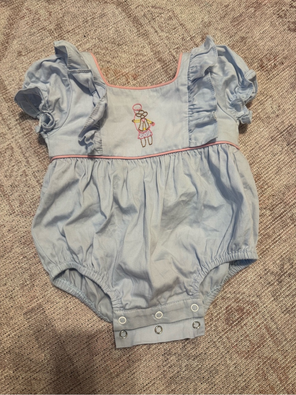 Light Blue Baby Bubble Romper with Embroidered Girl